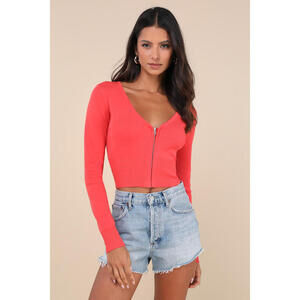 Lulus Studious Cutie Red Orange Knit Zip-front Long Sleeve Sweater Top - Size M